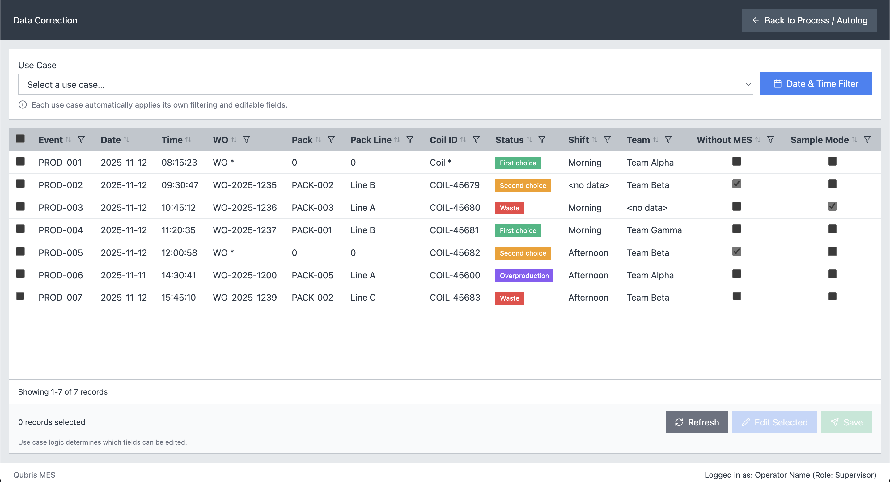 Data Correction Screen at Qubris